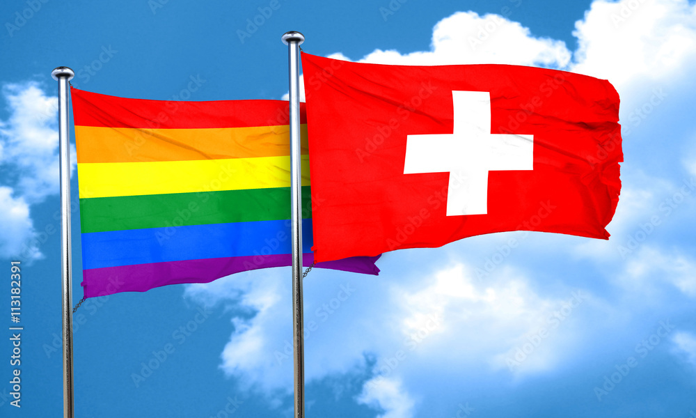 Gay pride flag with Switzerland flag, 3D rendering