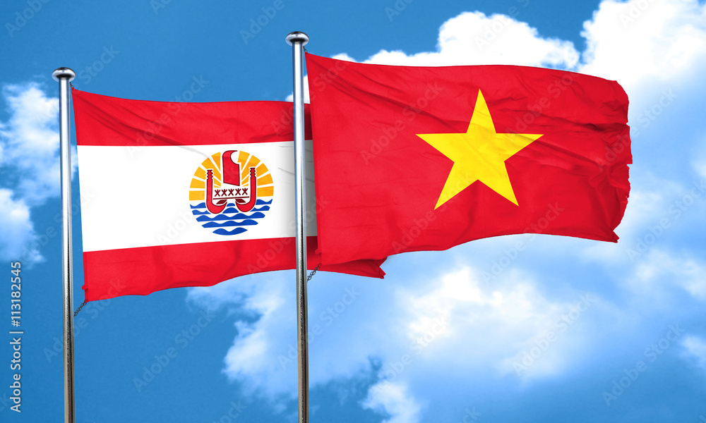 french polynesia flag with Vietnam flag, 3D rendering french polynesia flag with Vietnam flag, 3D rendering