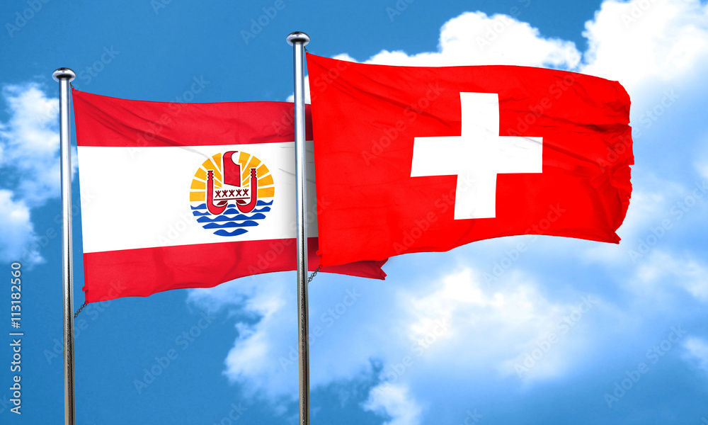 french polynesia flag with Switzerland flag, 3D rendering