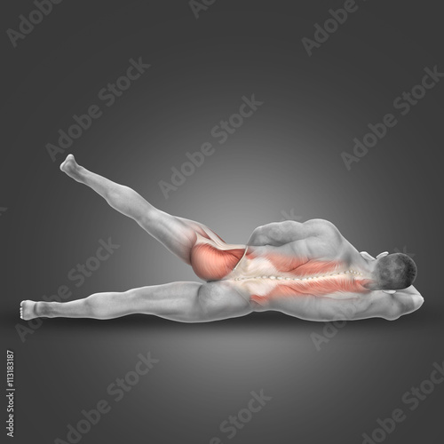 3D male figure in side lying hip abduction pose photo