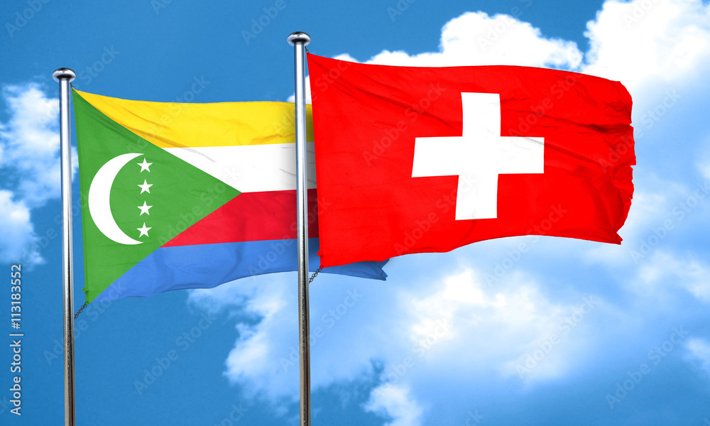 Comoros flag with Switzerland flag, 3D rendering