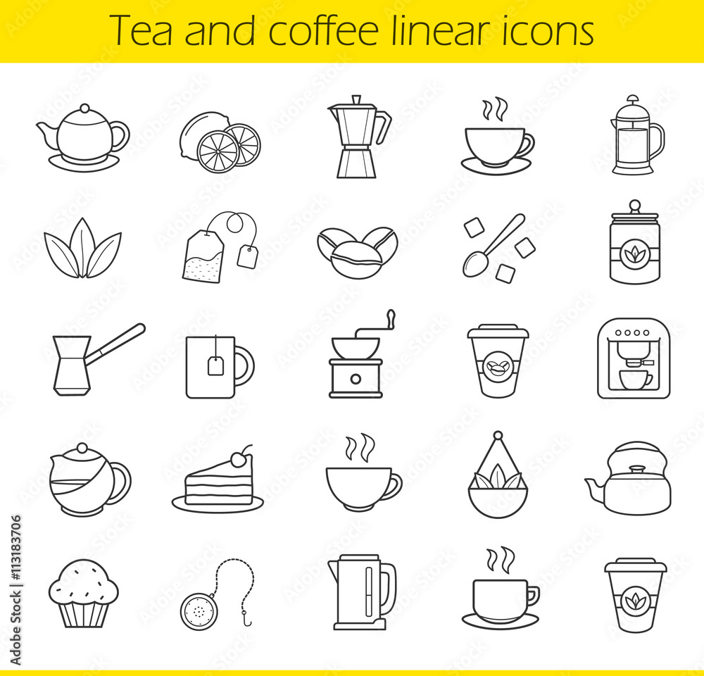 Tea and coffee linear icons set