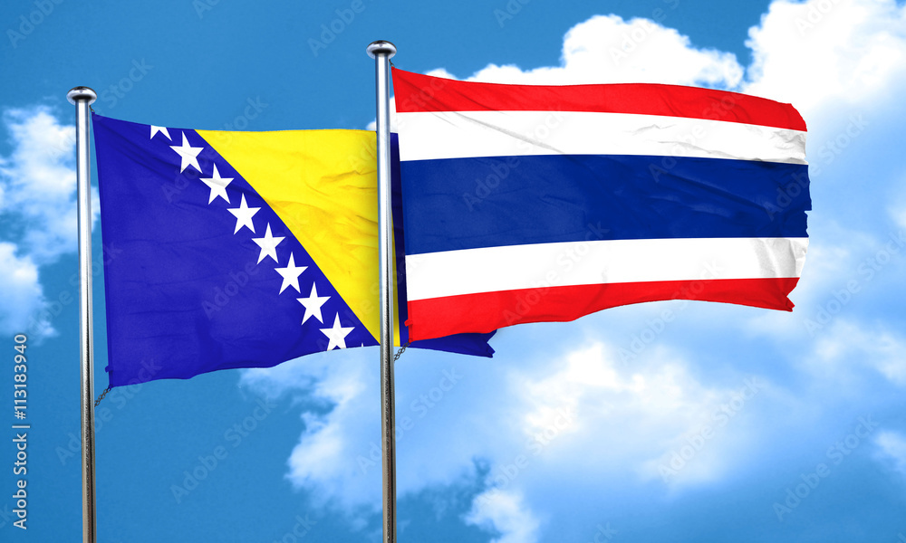 Bosnia and Herzegovina flag with Thailand flag, 3D rendering Bosnia and Herzegovina flag with Thailand flag, 3D rendering
