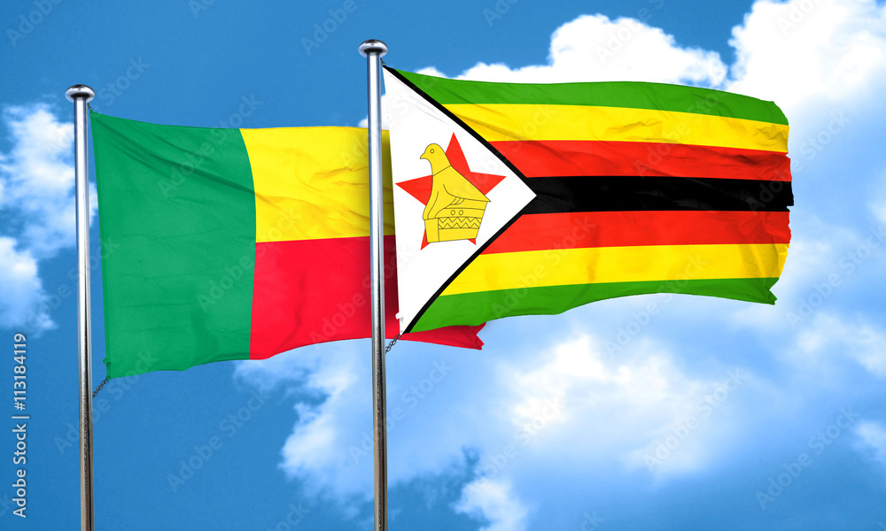 Benin flag with Zimbabwe flag, 3D rendering Benin flag with Zimbabwe flag, 3D rendering