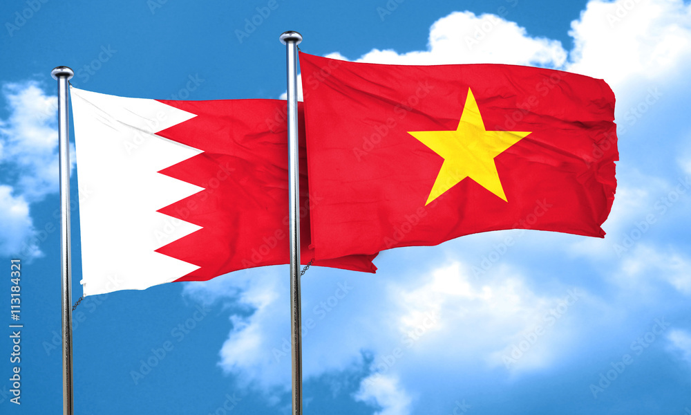 Bahrain flag with Vietnam flag, 3D rendering Bahrain flag with Vietnam flag, 3D rendering
