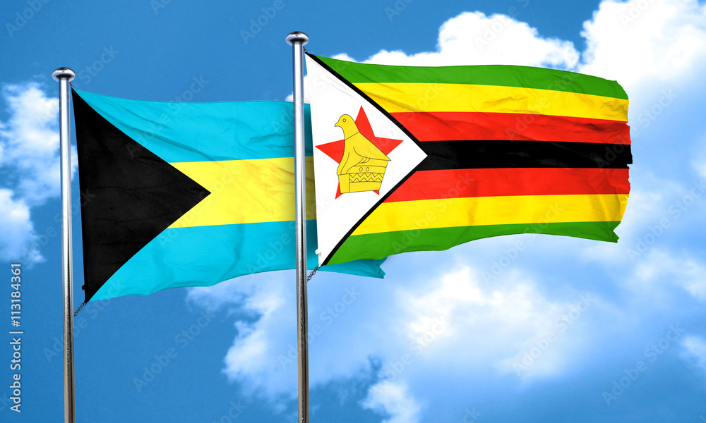 Bahamas flag with Zimbabwe flag, 3D rendering Bahamas flag with Zimbabwe flag, 3D rendering