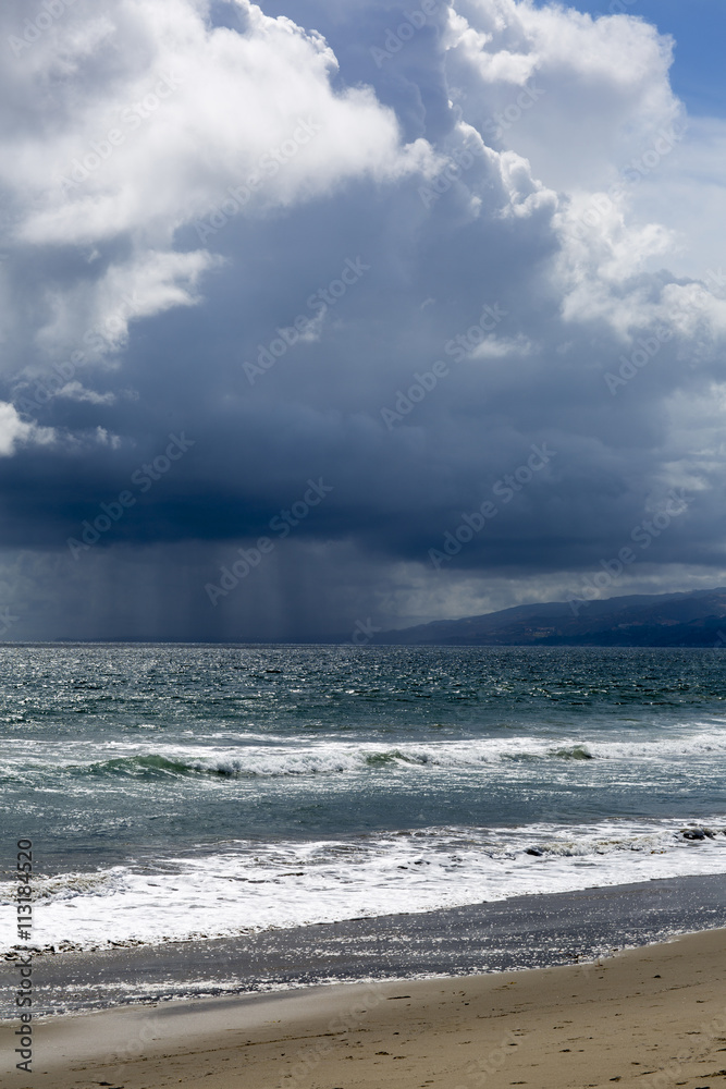 Pacific ocean during a storm. Beach landscape in the U.S. in bad weather. The ocean and waves during strong winds in United States, Santa Monica. Pacific ocean during a storm. Beach landscape in the U.S. in bad weather. The ocean and waves during strong winds in United States, Santa Monica.