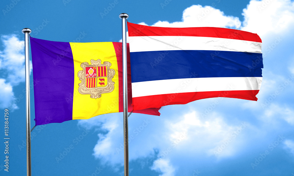 Andorra flag with Thailand flag, 3D rendering Andorra flag with Thailand flag, 3D rendering