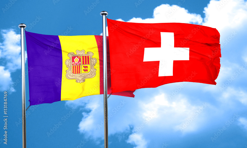 Andorra flag with Switzerland flag, 3D rendering
