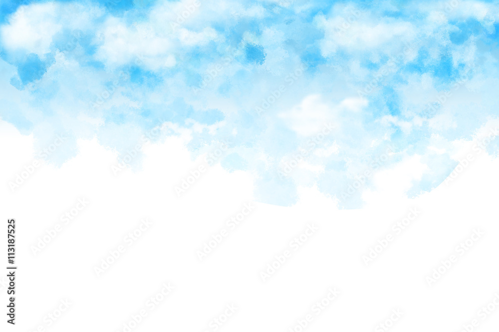 Obraz Grafika cyfrowa w stylu Art akwarela: Biała chmura i niebieskie niebo list Poczta kolor papieru tekstury tła wydruku. Realistyczne postać fantastyczna kreskówka, tło, tapeta, historia, projekt karty