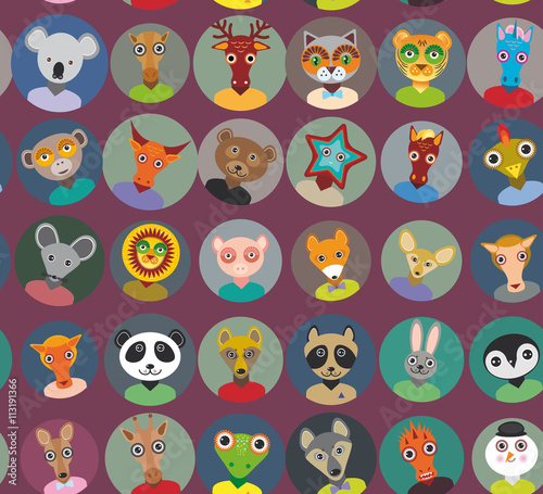 Seamless pattern animals faces circle icons set in Trendy Flat Style. zoo infographics design. Vector