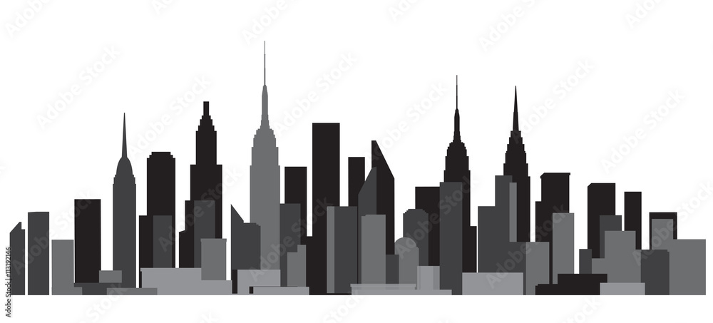 Building and City Illustration, Abstract City scene black style, City skyline silhouette with reflection on night