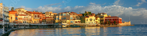 Picturesque panoramic view of old harbour, Firkas Fortress and Venetian quay of Chania in the morning, Crete, Greece