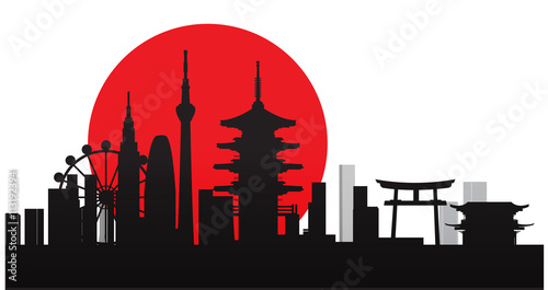 Building and City of Japan, Urban cityscape of Japan, Abstract Japan City Skyline, Twilight in city, Black silhouettes of Japan