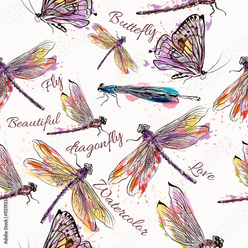 Fashion vector seamless pattern with pastel dragonfly and butter