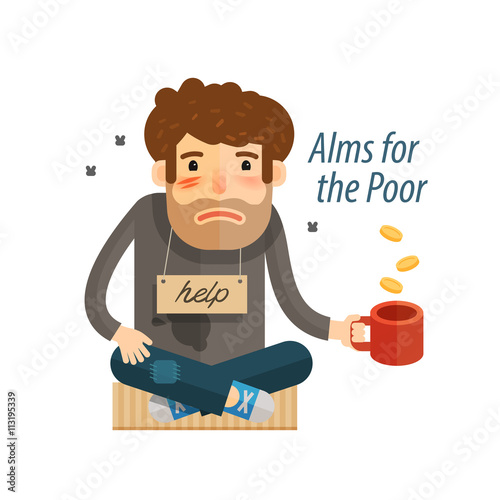 Homeless. Poor man in dirty rags with mug in hand begging. Vector illustration