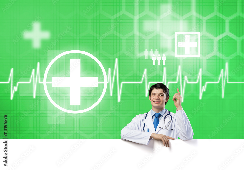 Doctor with banner Doctor with banner