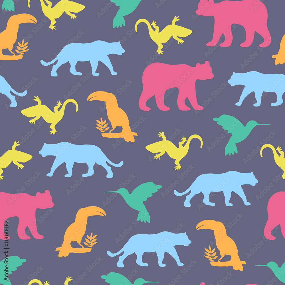Seamless pattern with isolated animals and birds. The bear , jag