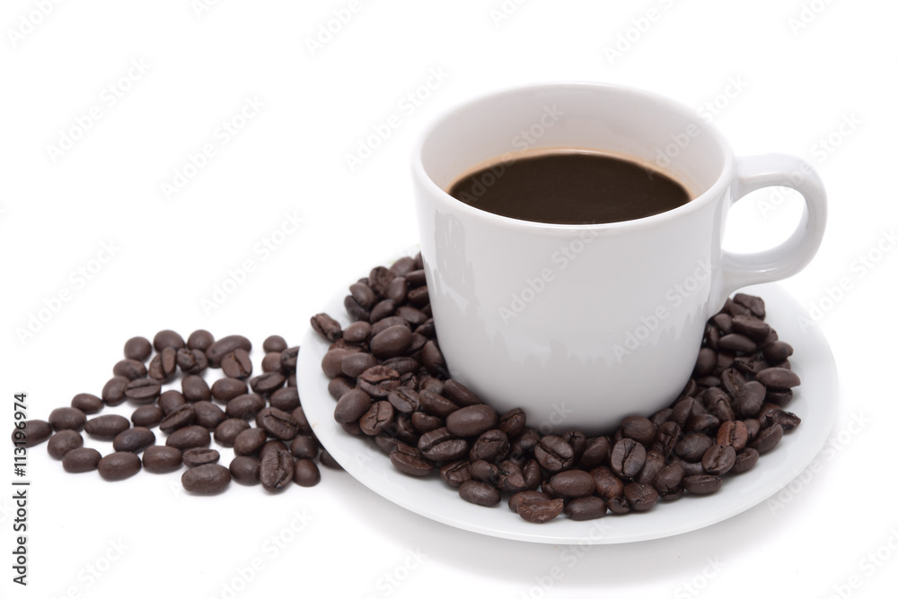 Coffee cup and beans isolate on white background Coffee cup and beans isolate on white background