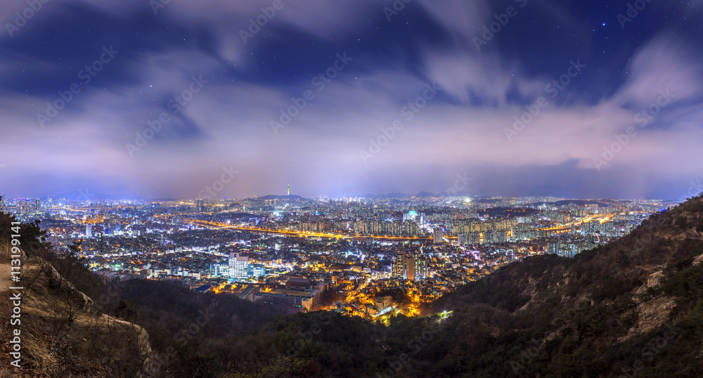 Panorama of downtown cityscape and Seoul tower in Seoul, South K
