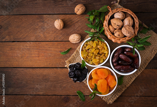 Mix dried fruits (date palm fruits, prunes, dried apricots, raisins) and nuts. Ramadan (Ramazan) food.