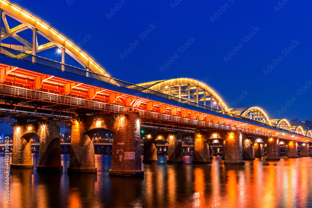Hangang bridge at night in Seoul, South korea.