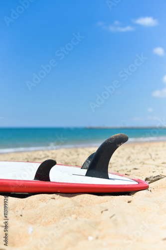 Surfboards lying on sand ocean beach background, closeup outside