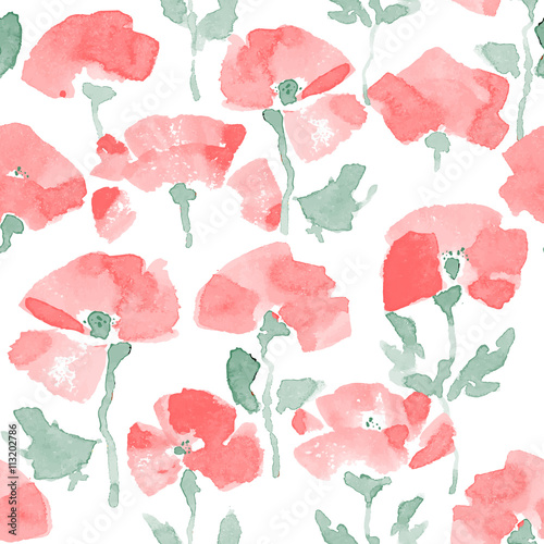 watercolor poppy seamless pattrn