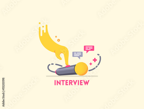 Microphone icon with hand presses the button and speech bubbles. Illustrating interview, speech, meeting. Can be used for podcast, studio recording, radio, tv and other audio content.