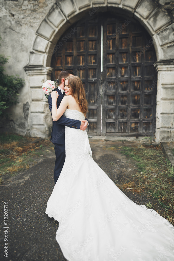 Happy wedding couple hugging and smiling each other on background old castle