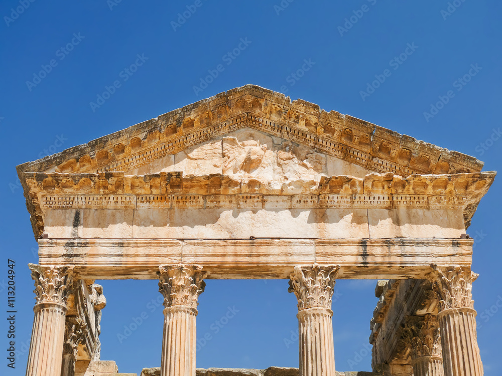 Dougga, Roman Ruins. Unesco World Heritage Site in Tunisia. Architecture detail - portico of ancient theatre.