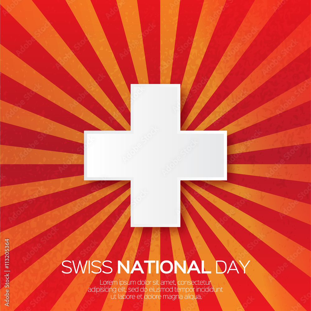 Obraz premium Abstract Swiss National day. Switzerland Independence Day. Origami Swiss Flag International Day with ray background. Paper cut design concept for 1 August. Applique Vector Illustration