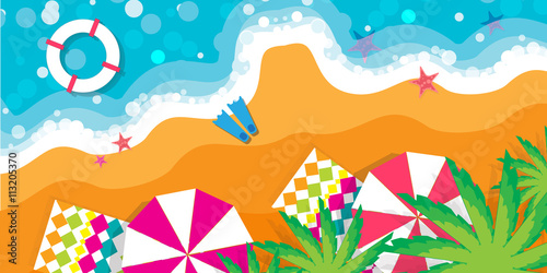 Top view Summer vacation. Beach rest. Time to travel. Sea, waves, sand and umbrella, palm. Vector design background and objects illustrations