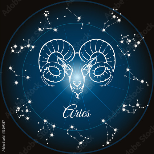 Zodiac sign aries and circle constellations. Vector illustration