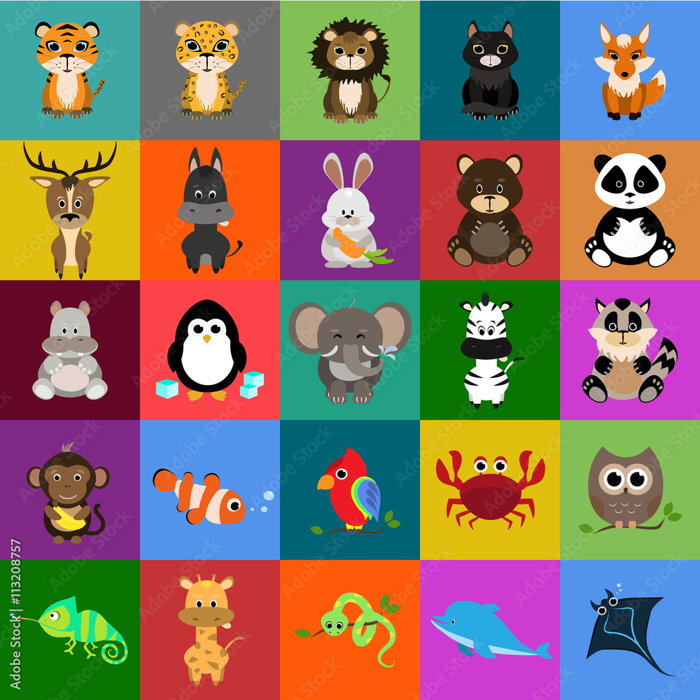 animals flat icons set