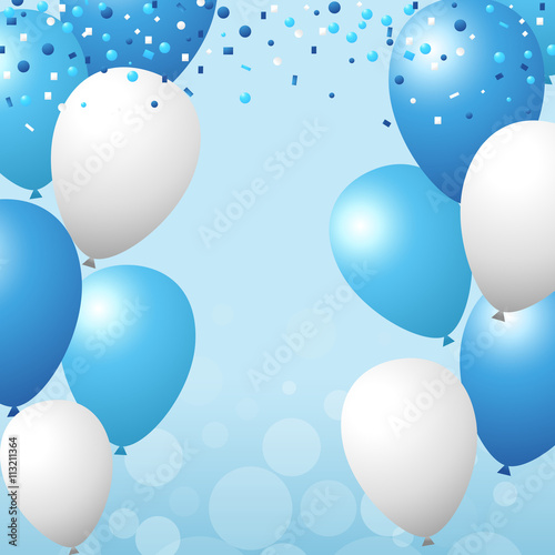 Blue and white balloons and confetti background