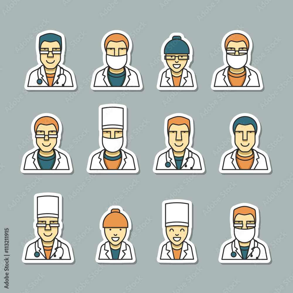 Icons doctors face, medical items and drugs. Medical doctor and nurse healthcare symbols face isolated vector illustration Icons doctors face, medical items and drugs. Medical doctor and nurse healthcare symbols face isolated vector illustration