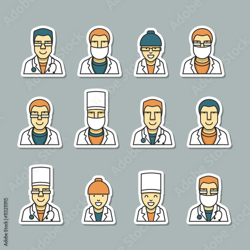 Icons doctors face, medical items and drugs. Medical doctor and nurse healthcare symbols face isolated vector illustration