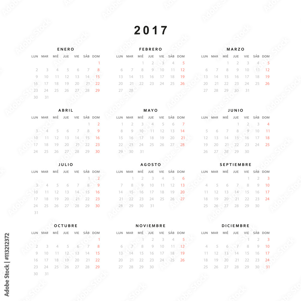 Simple modern calendar 2017 in Spanish. Template with a calendar for 2017 for design. Week starts from sunday