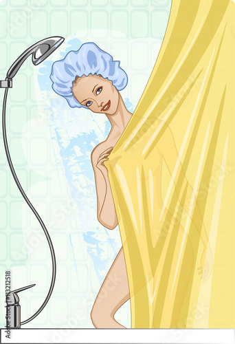 Young woman in a shower cap taking a shower behind the curtain