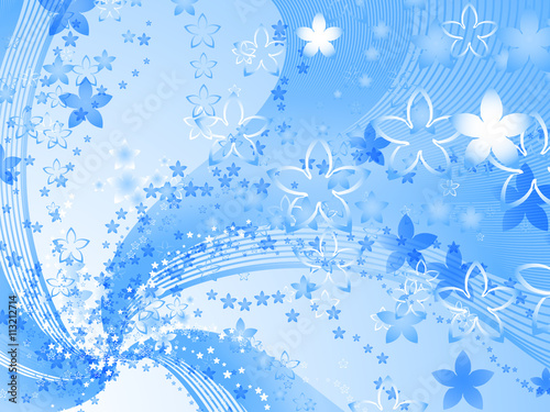 Curly pattern of flowers and petals on a blue background