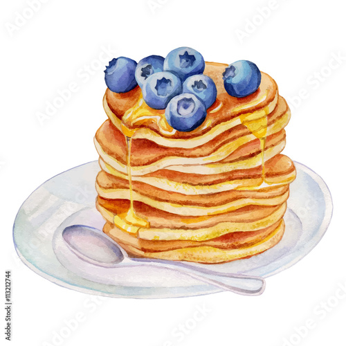 Watercolor pancakes with blueberries.
