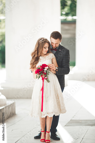 Beautiful couple  bride and groom posing near big white column