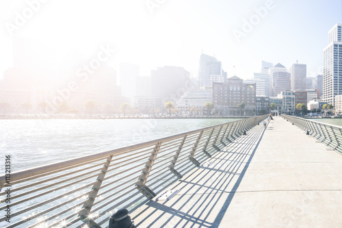 empty footpath on bridge with cityscape and skyline of san franc