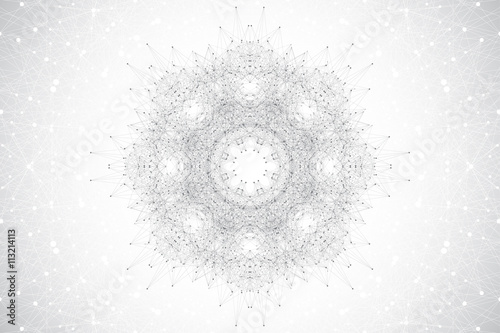 Geometric abstract mandala with connected line and dots. Graphic composition for medicine, science, technology, chemistry. Molecule, communication background. Vector illustration.