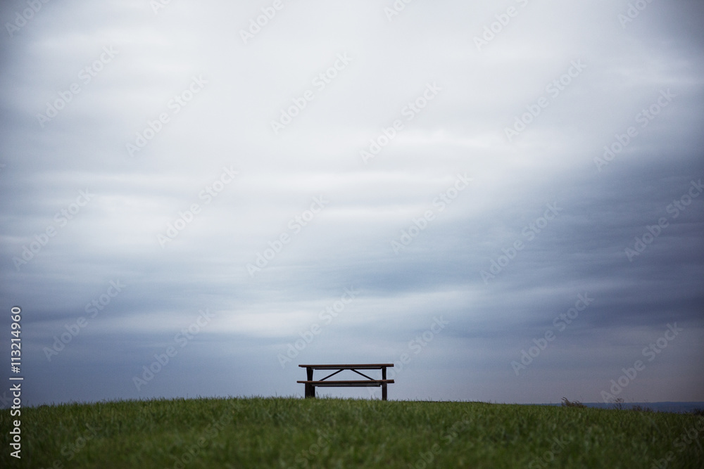Bench with table on grass under overcast sky Bench with table on grass under overcast sky