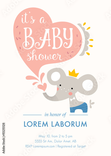 Baby shower invitation template. Card design with baby elephant, heart shape and hand lettering. Vector illustration.