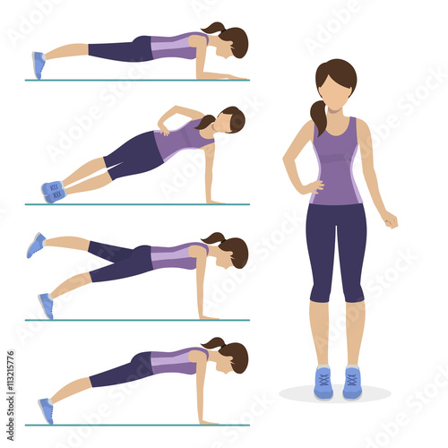 Set of plank exercise. Girl doing different exercises plank. Physical training for losing weight, reduction in fat mass. Vector.