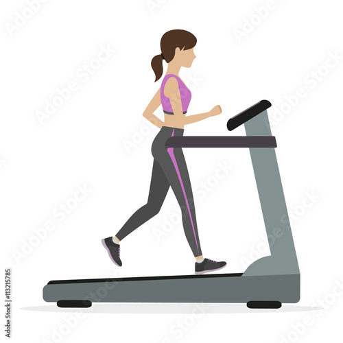 Fitness girl running on the treadmill, cardio machine. Physical training for losing weight, reduction in fat mass. Vector.