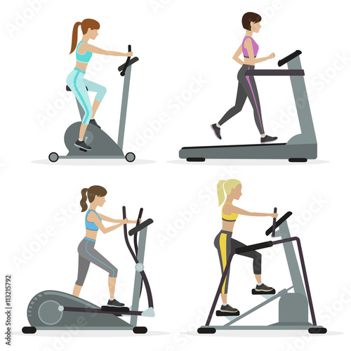Set of girls with cardio equipments working out at the gym. Physical training for losing weight, reduction in fat mass. Vector.